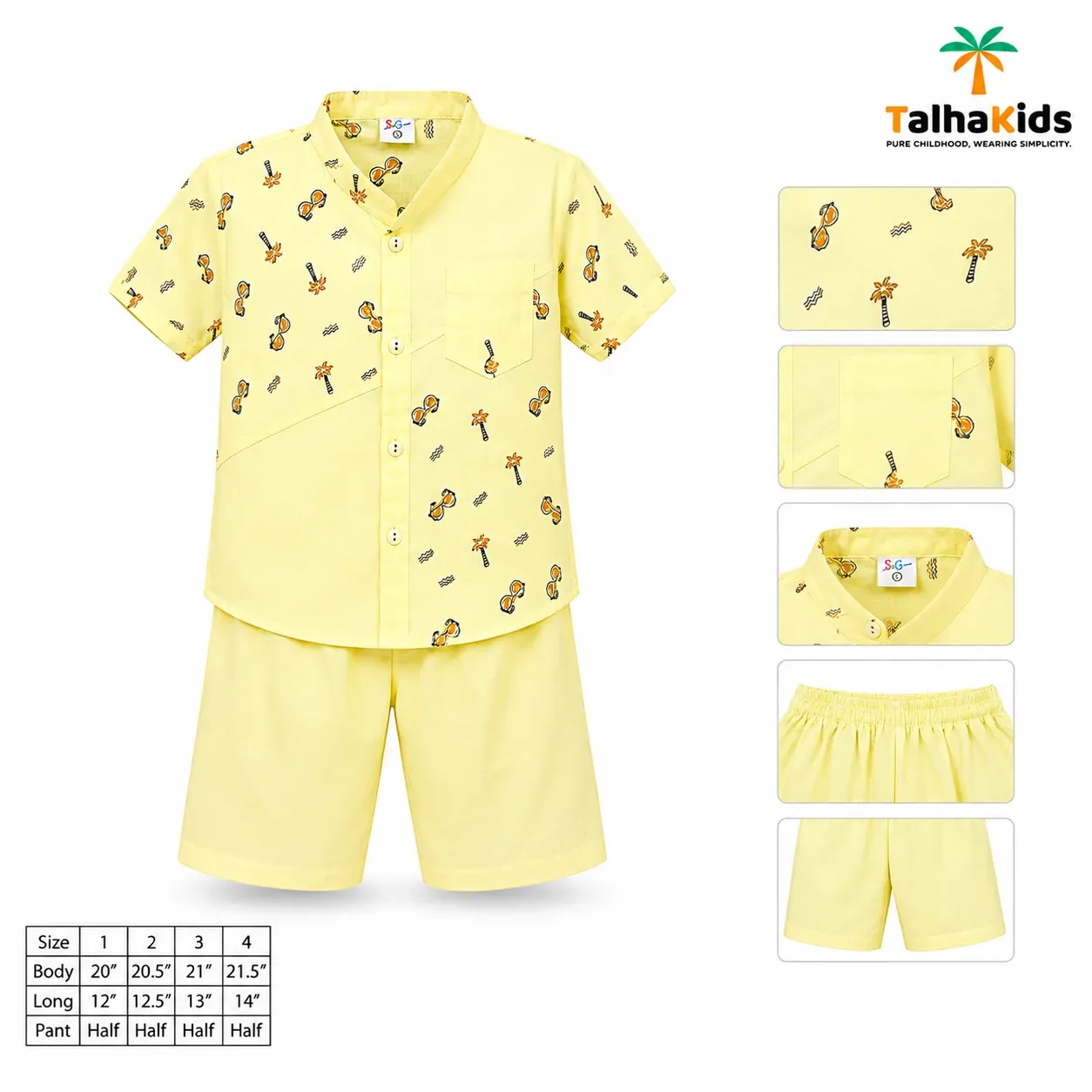 Boys’ Half-Sleeve Fotua Set – Printed Fotua with White Half Pant