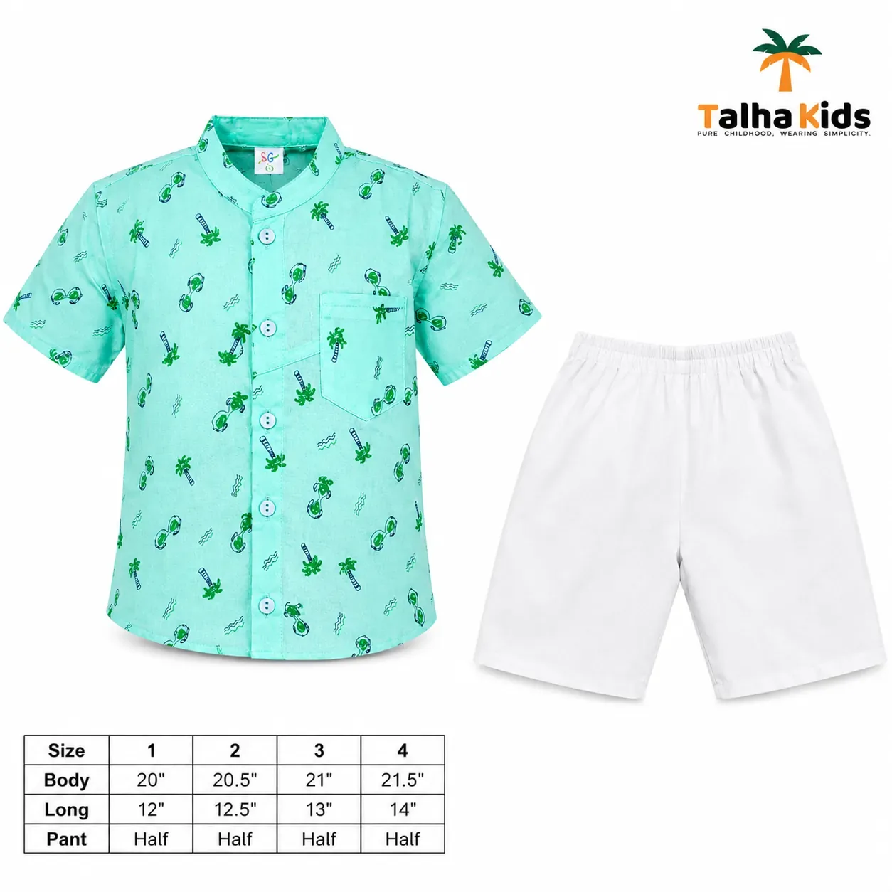 Boys’ Half-Sleeve Fotua Set – Printed Fotua with White Half Pant