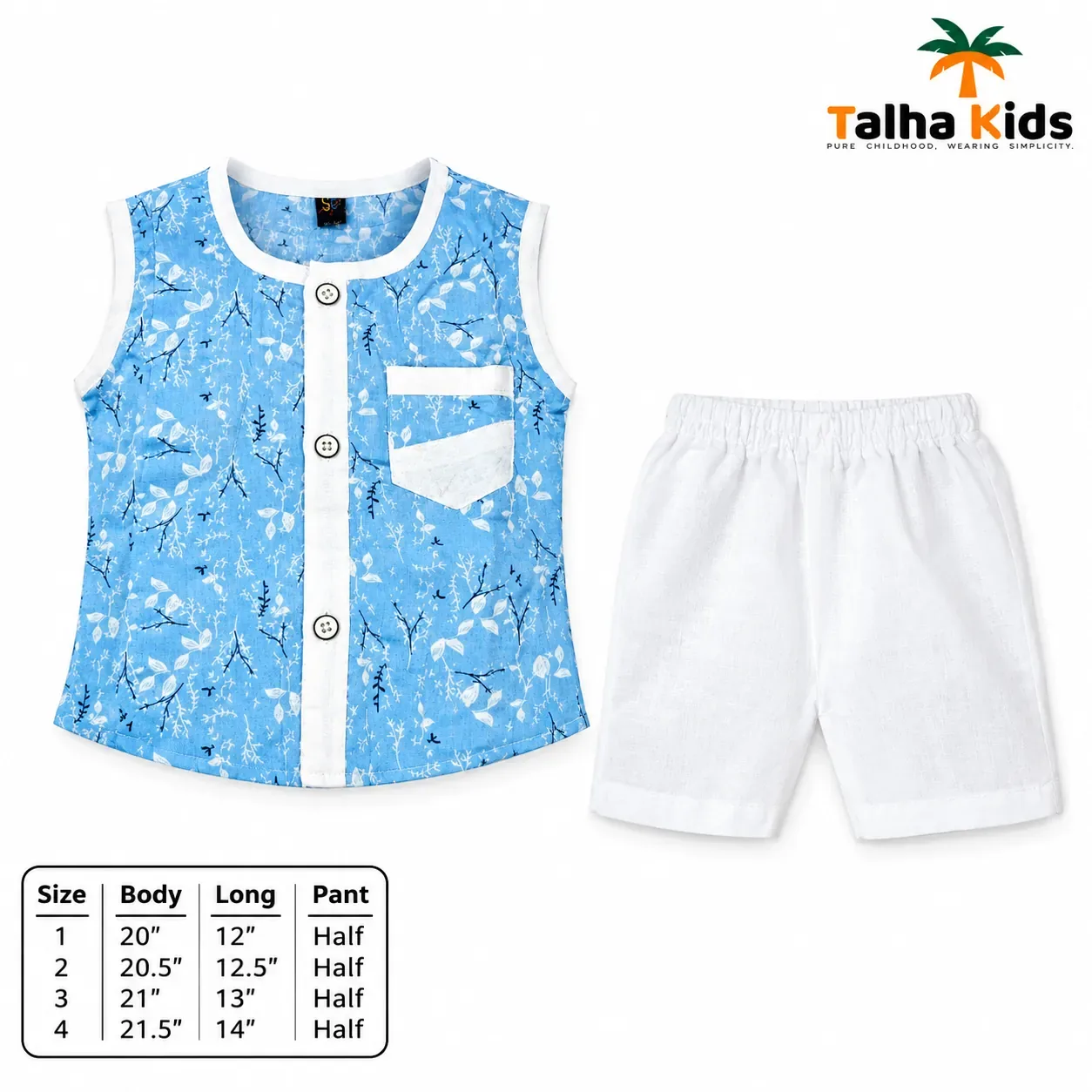 Boys’ Sky Blue Printed Fotua Set with Half Pant
