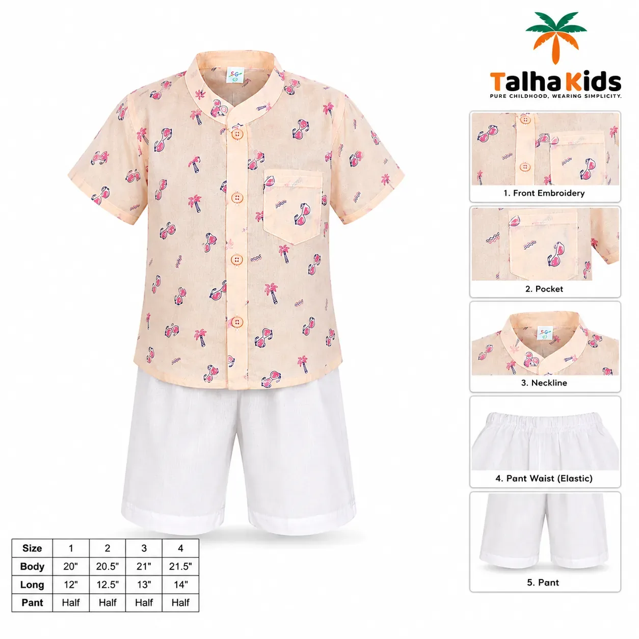 Boys’ Half-Sleeve Fotua Set – Printed Fotua with White Half Pant