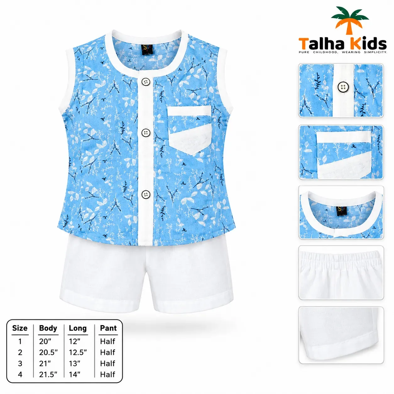 Boys’ Sky Blue Printed Fotua Set with Half Pant