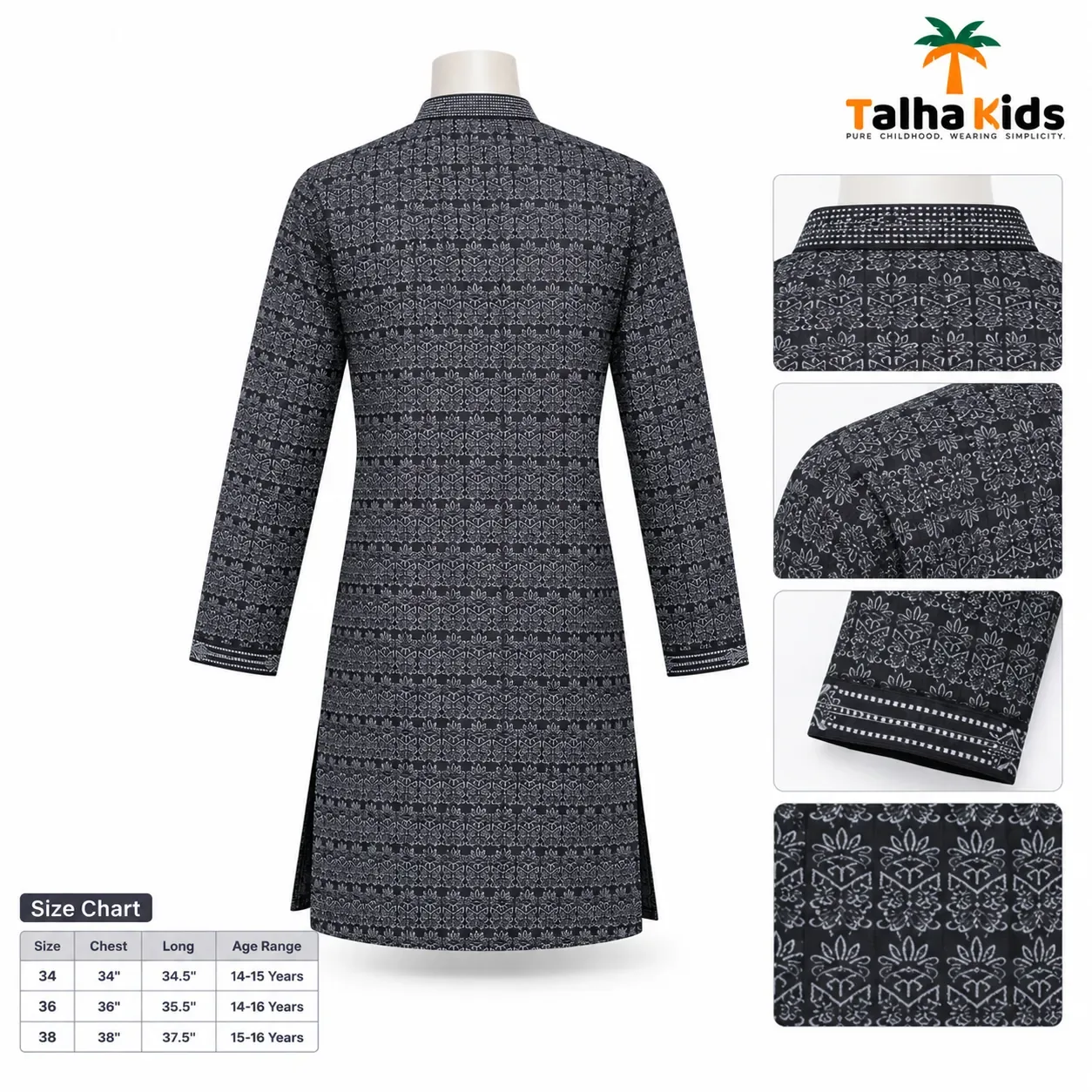 Khandani Boys' Panjabi for Ages 14–16 – Black & Charcoal Printed Design