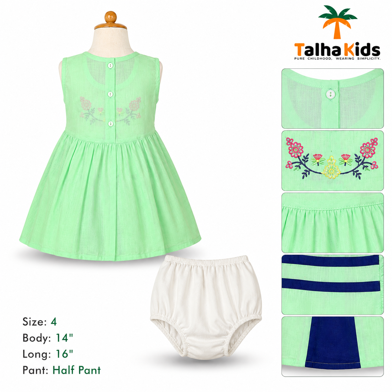 Girls Mint Green Embroidered Frock Set with Half Pant | Size 4