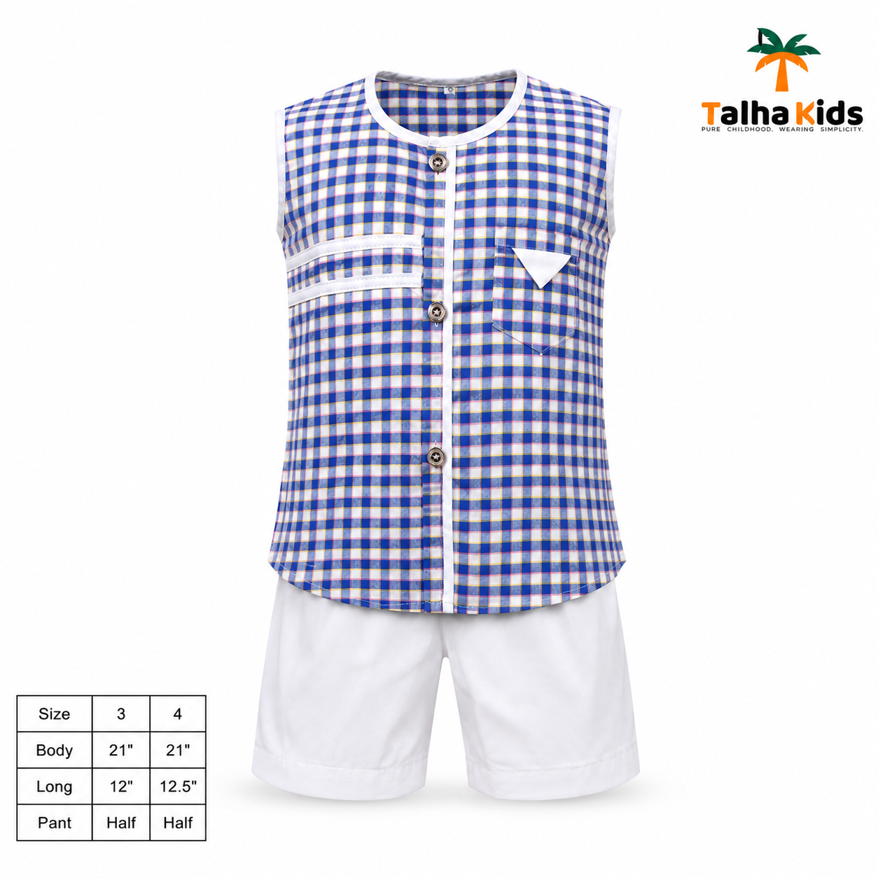 Boys' Checked Sleeveless Fotua Set with White Half Pant | Talha Kids