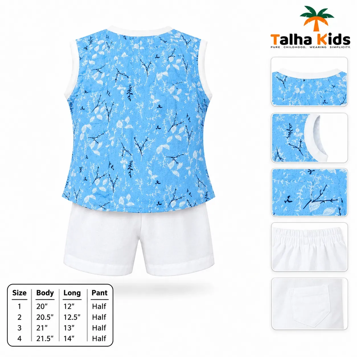 Boys’ Sky Blue Printed Fotua Set with Half Pant