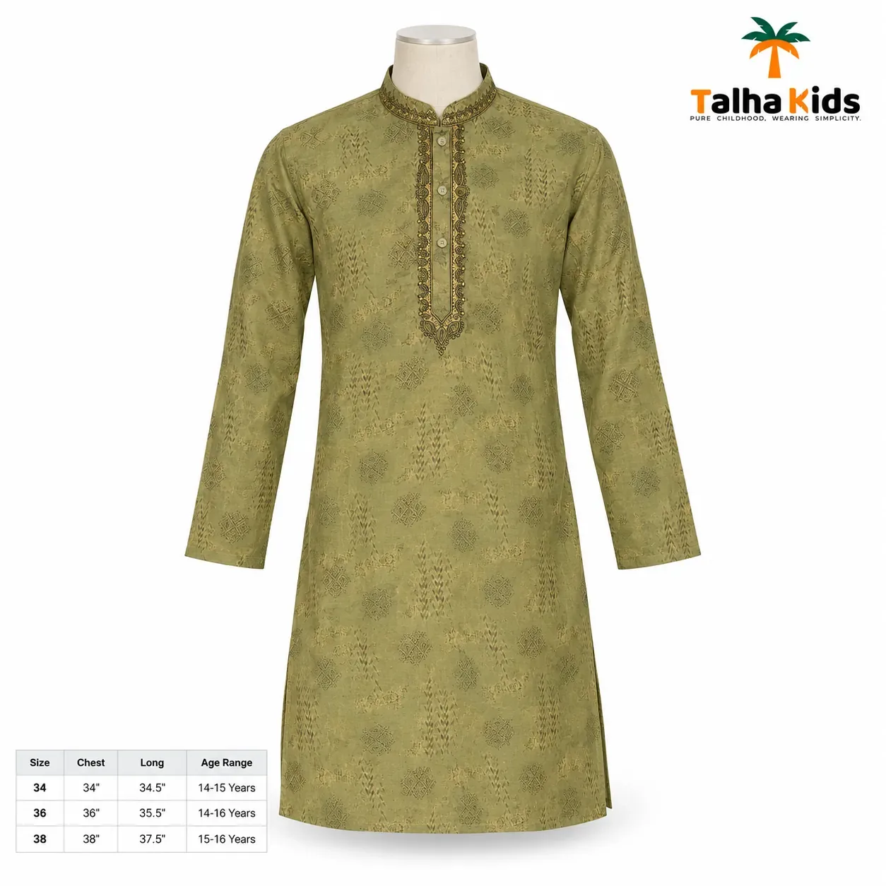Talha Kids Boys' Panjabi – Patterned with Embroidered Front – 14–16 Years