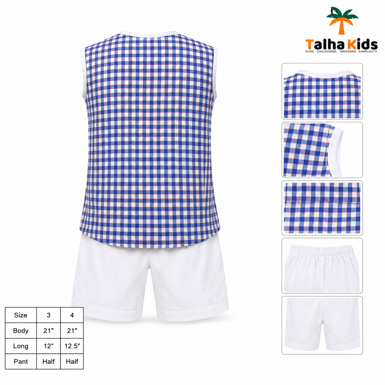 Boys' Checked Sleeveless Fotua Set with White Half Pant | Talha Kids