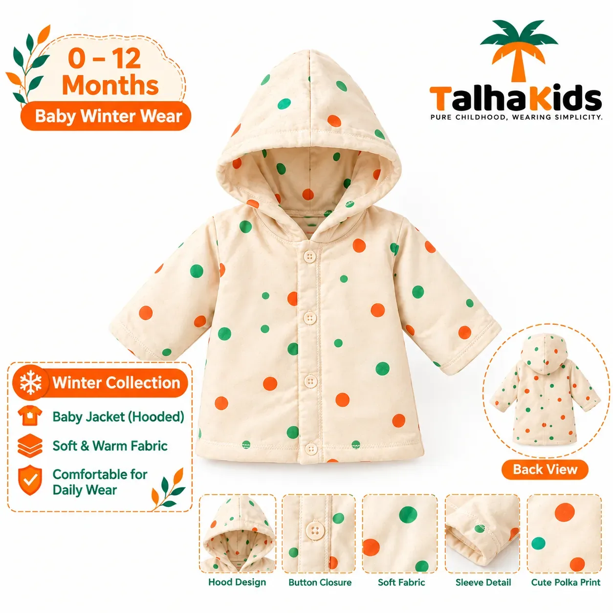 Talha Kids Baby Hooded Velvet Jacket – Polka Dot Print – 0–12 Months