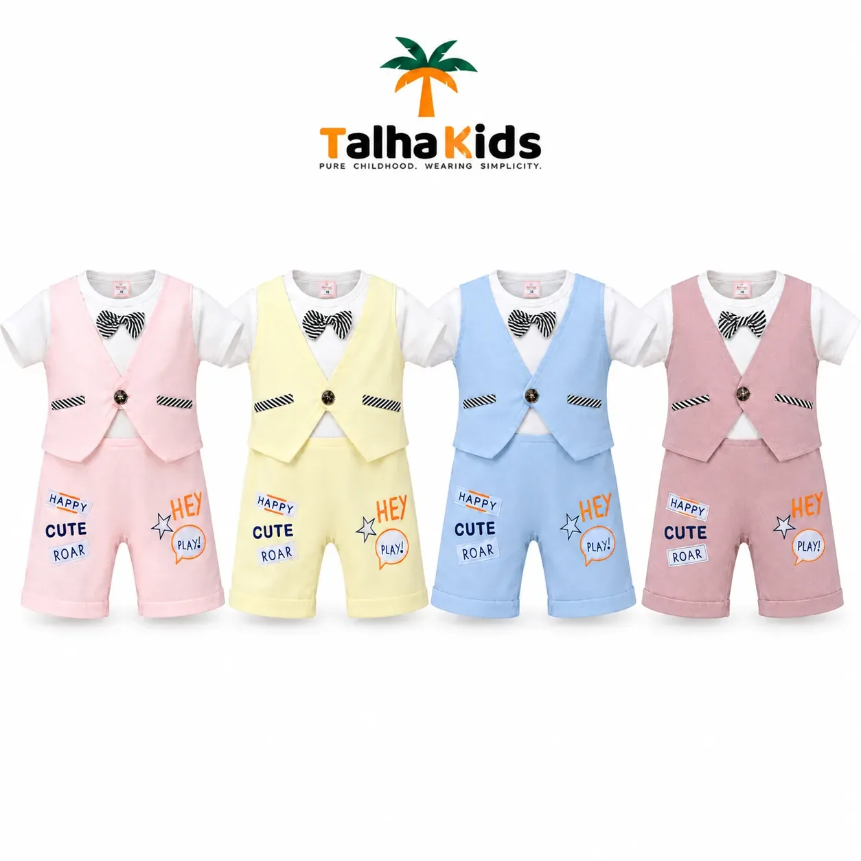 Talha Kids Boys Vest Style Romper Set with Bow Tie – Pastel Colors