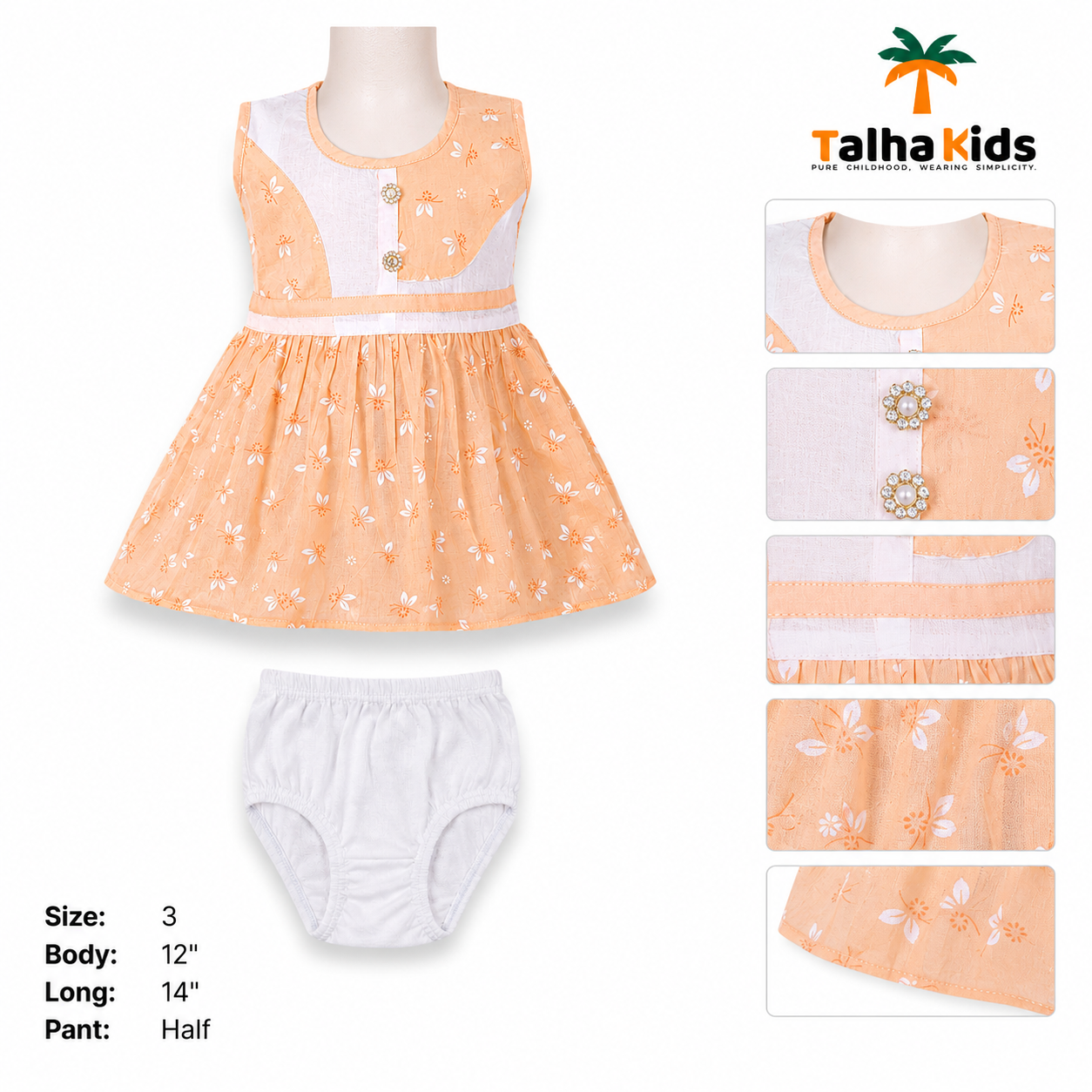 Peach Floral Printed Girls Frock with Matching Half Pant – Size 3
