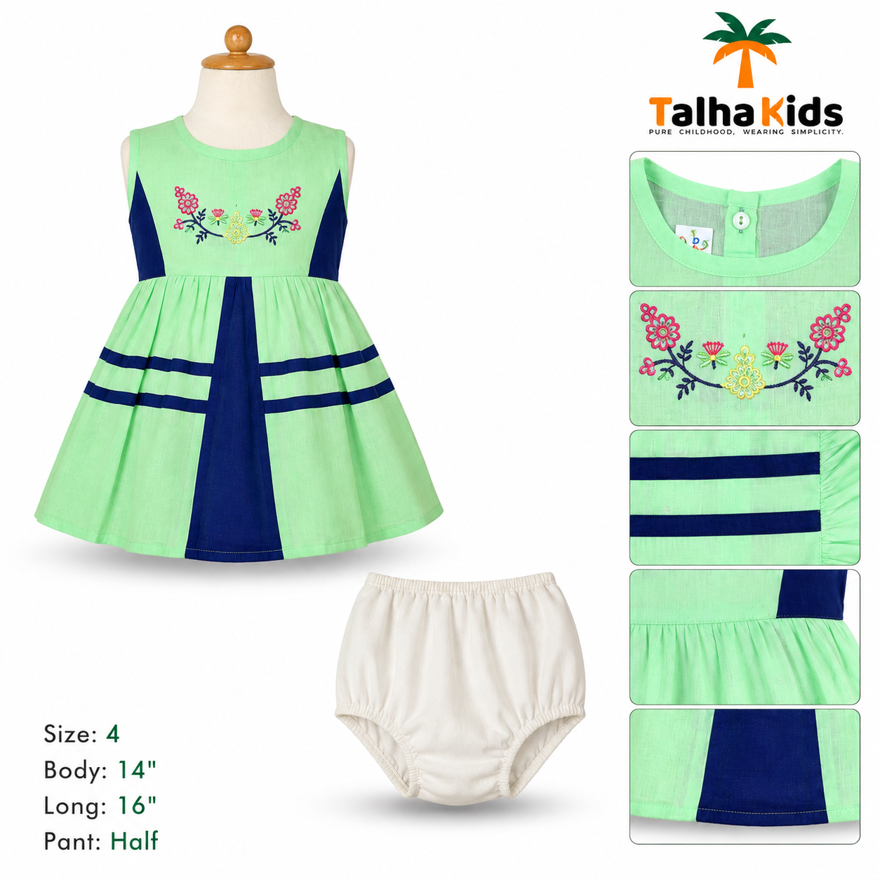 Girls Mint Green Embroidered Frock Set with Half Pant | Size 4