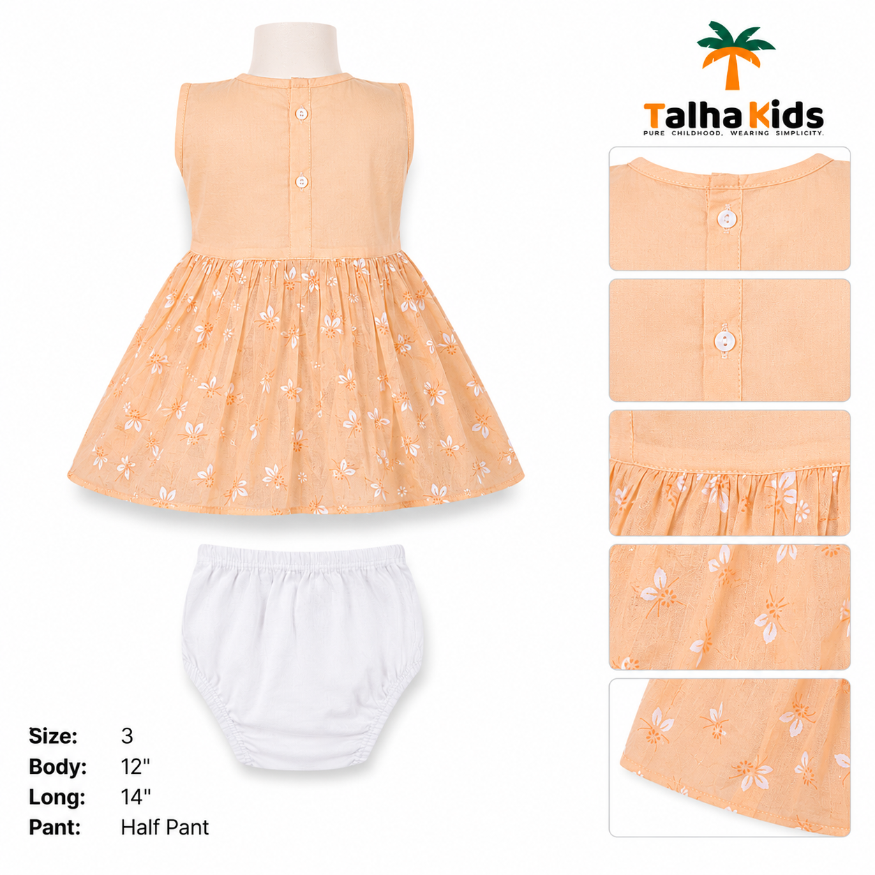 Peach Floral Printed Girls Frock with Matching Half Pant – Size 3