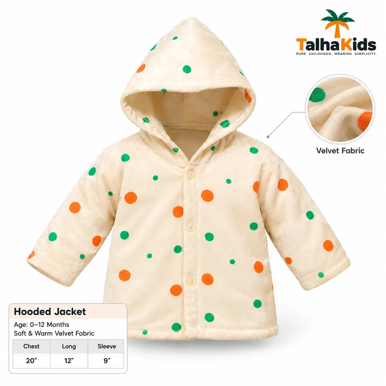 Talha Kids Baby Hooded Velvet Jacket – Polka Dot Print – 0–12 Months