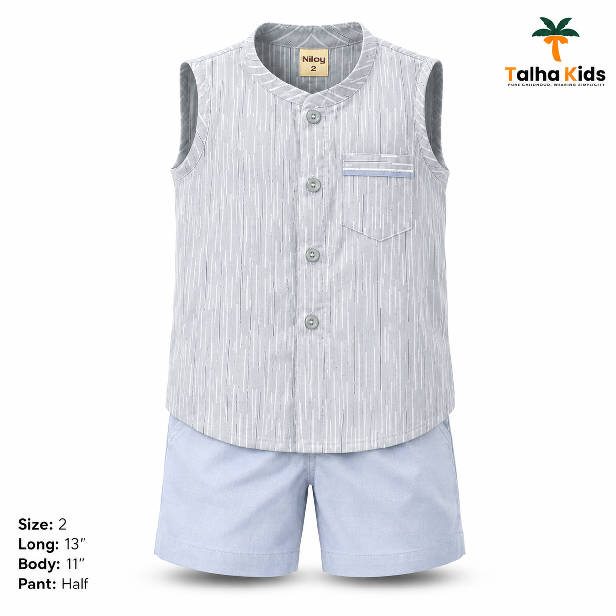 Talha Kids Boys Light Grey Printed Sleeveless Fotua & Half Pant Set – Size 2