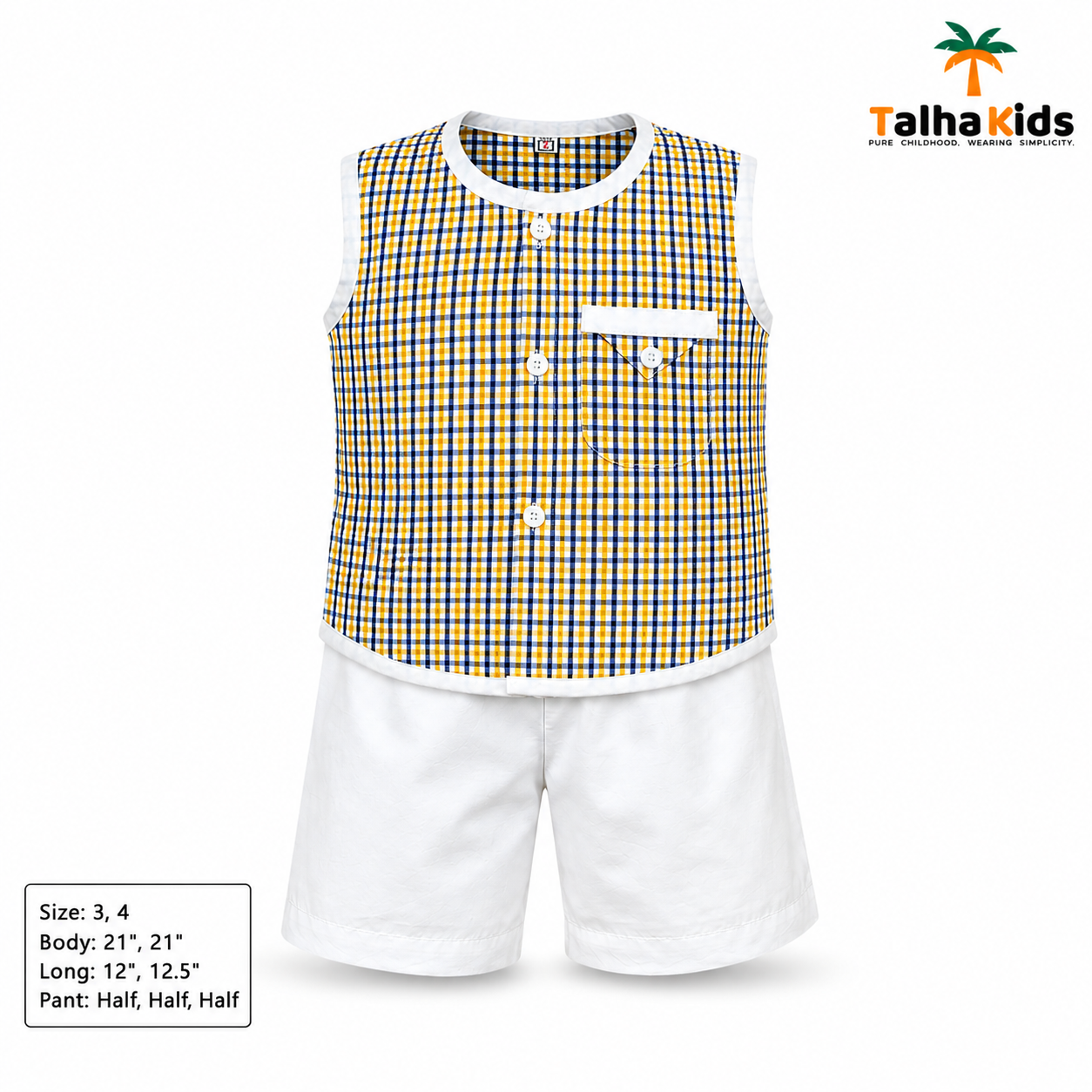Boys' Checked Sleeveless Fotua Set with White Half Pant | Talha Kids