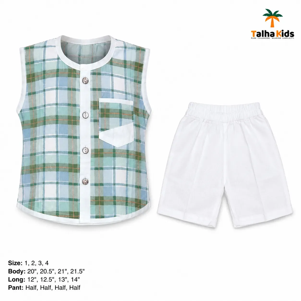 Boys’ Mint Green & Sky Blue Plaid Sleeveless Fotua Set with White Half Pant
