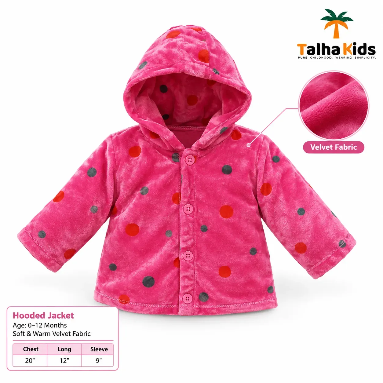 Talha Kids Baby Hooded Velvet Jacket – Polka Dot Print – 0–12 Months