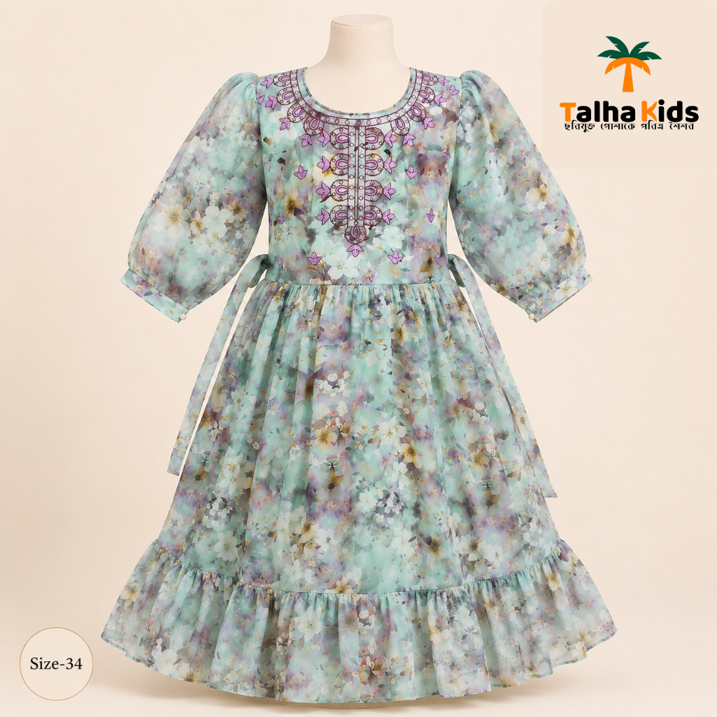 Girls Mint Floral Printed Embroidered Georgette Party Wear Long Frock – Size 34