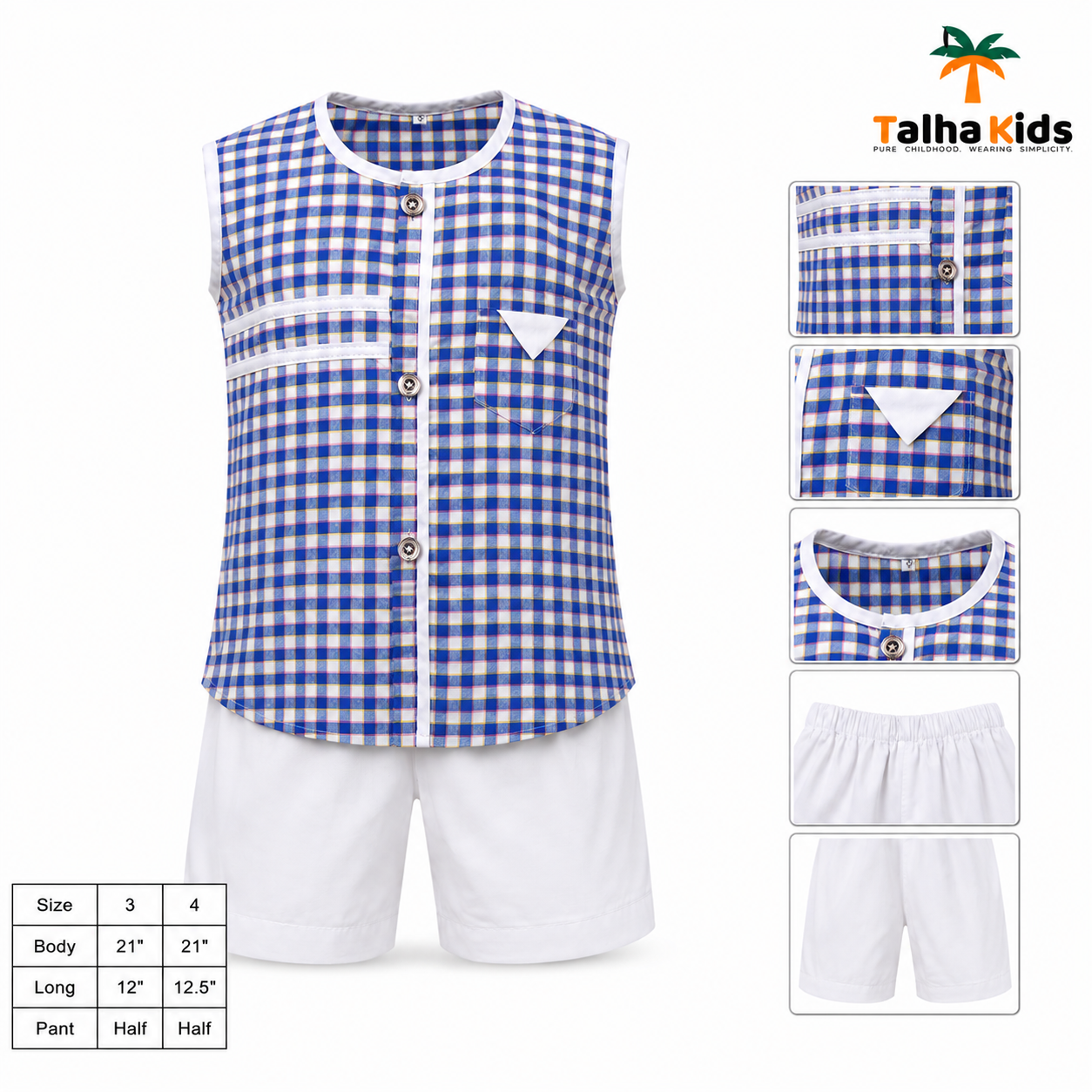 Boys' Checked Sleeveless Fotua Set with White Half Pant | Talha Kids