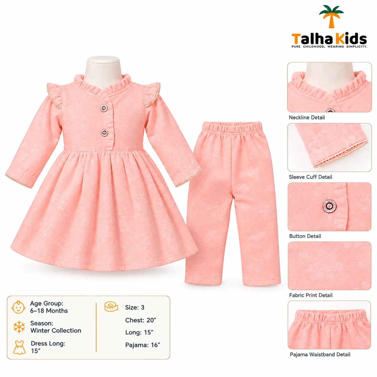 Baby Girls' Winter Frock & Pant Set – Long Sleeve Floral Design | 6–18 Months