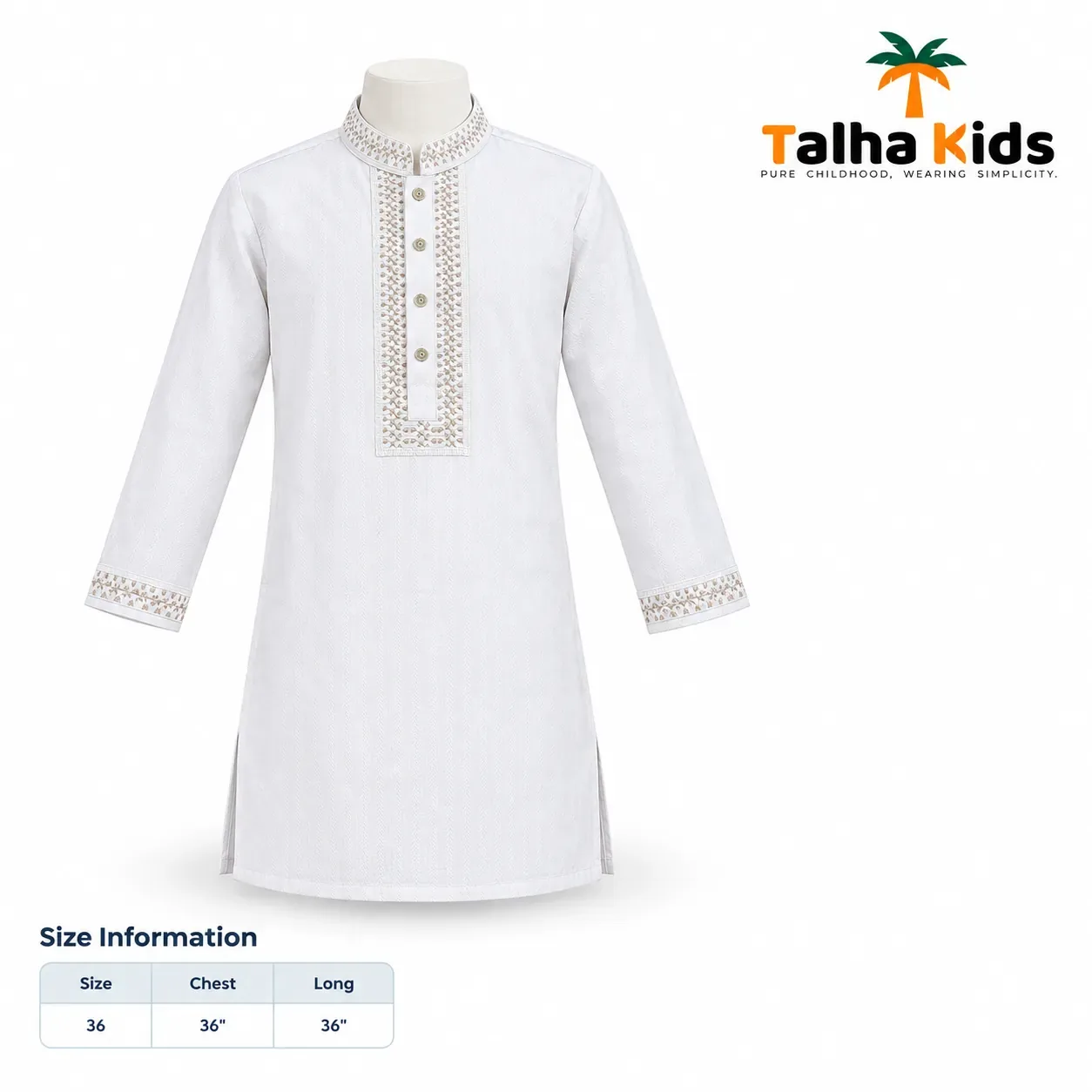 Talha Kids Boys' White Panjabi – Embroidered Collar, Front & Sleeve Details