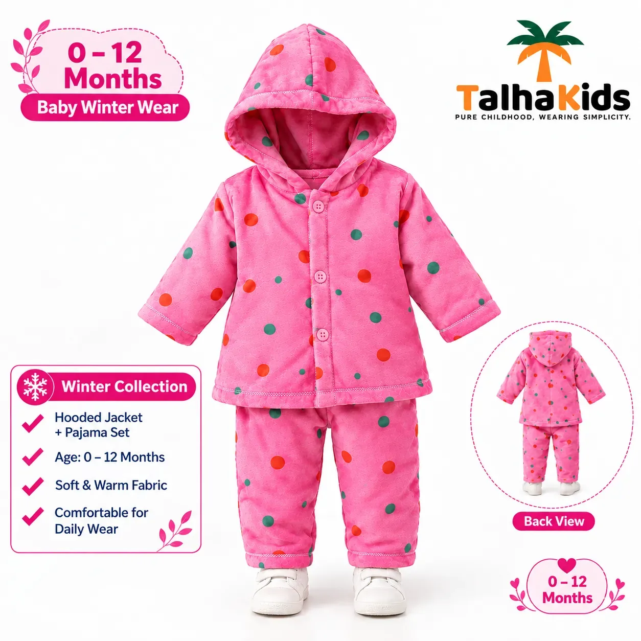 Talha Kids Baby Hooded Velvet Jacket – Polka Dot Print – 0–12 Months