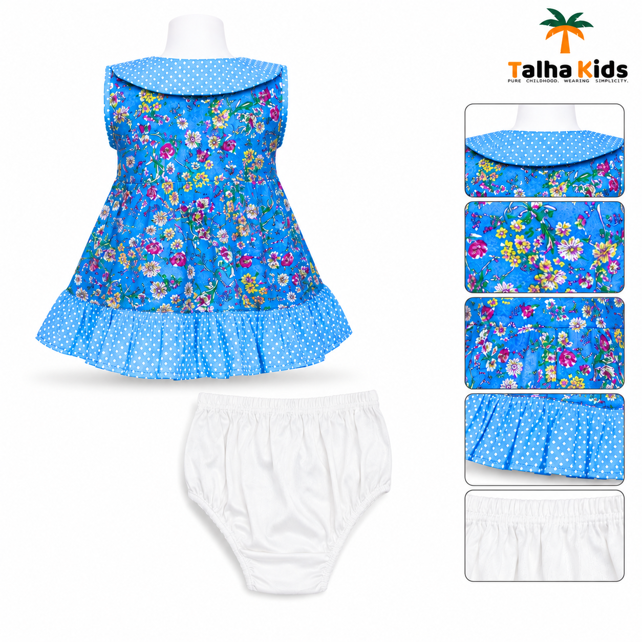 Royal Blue Floral Baby Frock with Polka Dot Collar & Half Pant