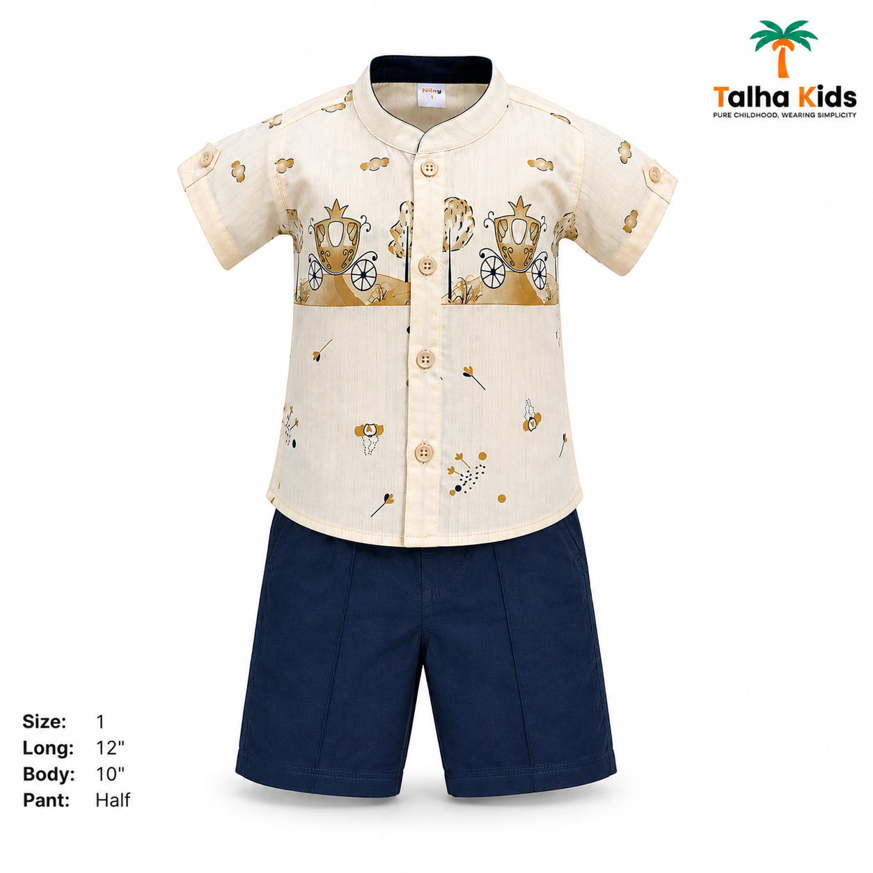 Boys Cream Carriage Print Half Sleeve Fotua & Navy Half Pant Set – Size 1