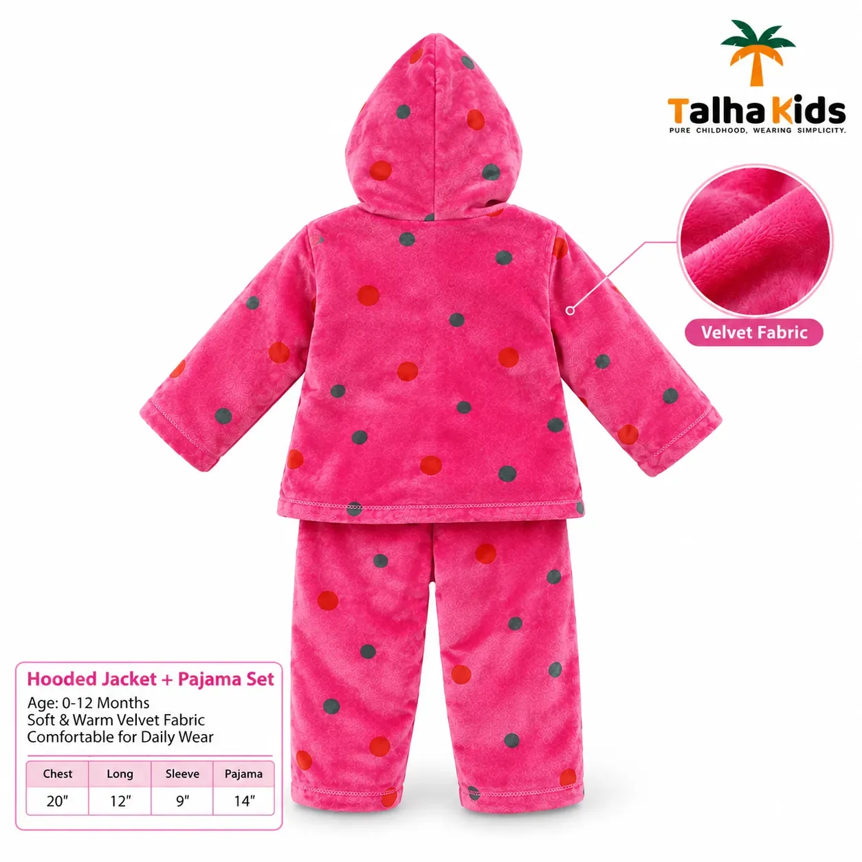 Talha Kids Baby Hooded Velvet Jacket – Polka Dot Print – 0–12 Months