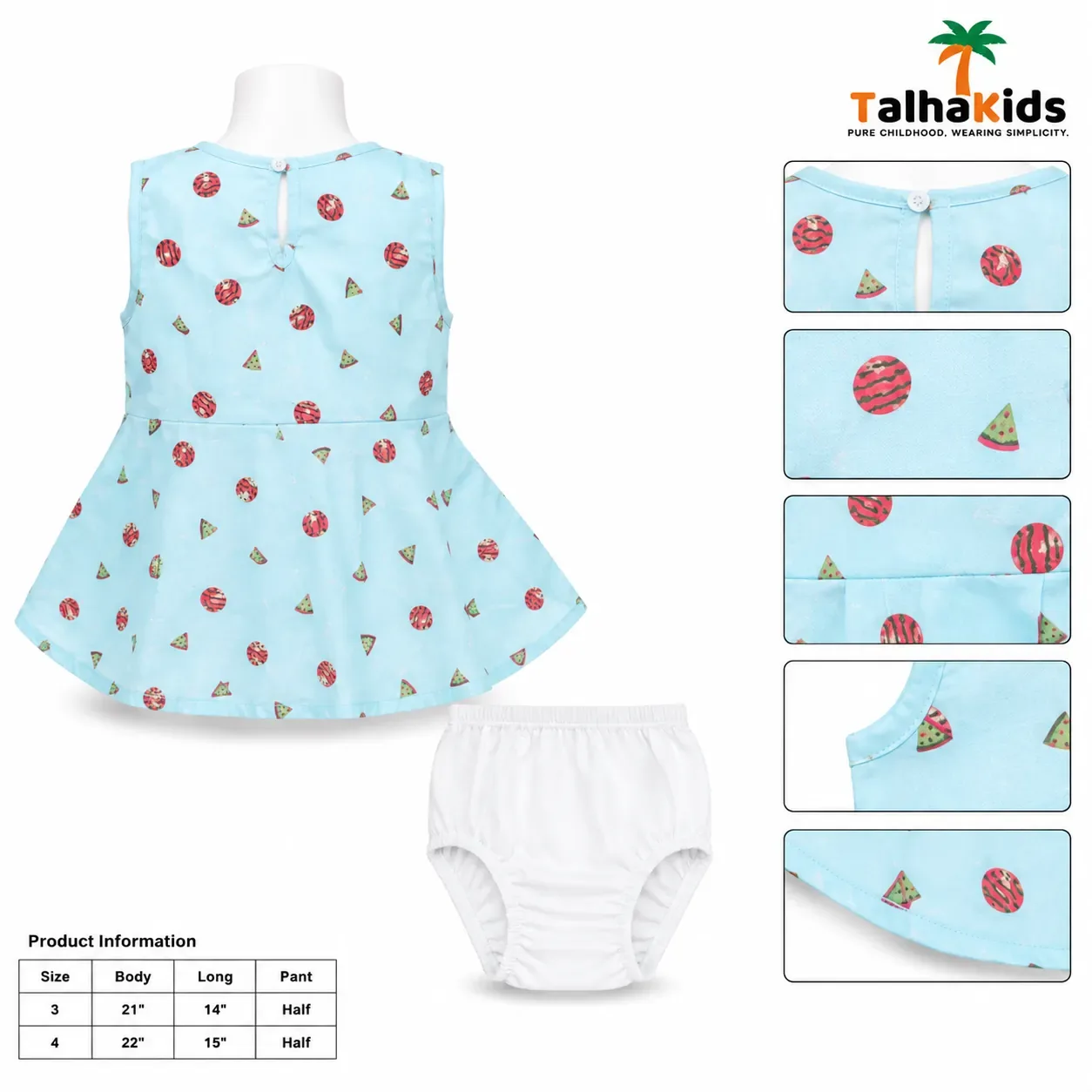 Girls Sleeveless Watermelon Print Frock with Matching White Bloomer