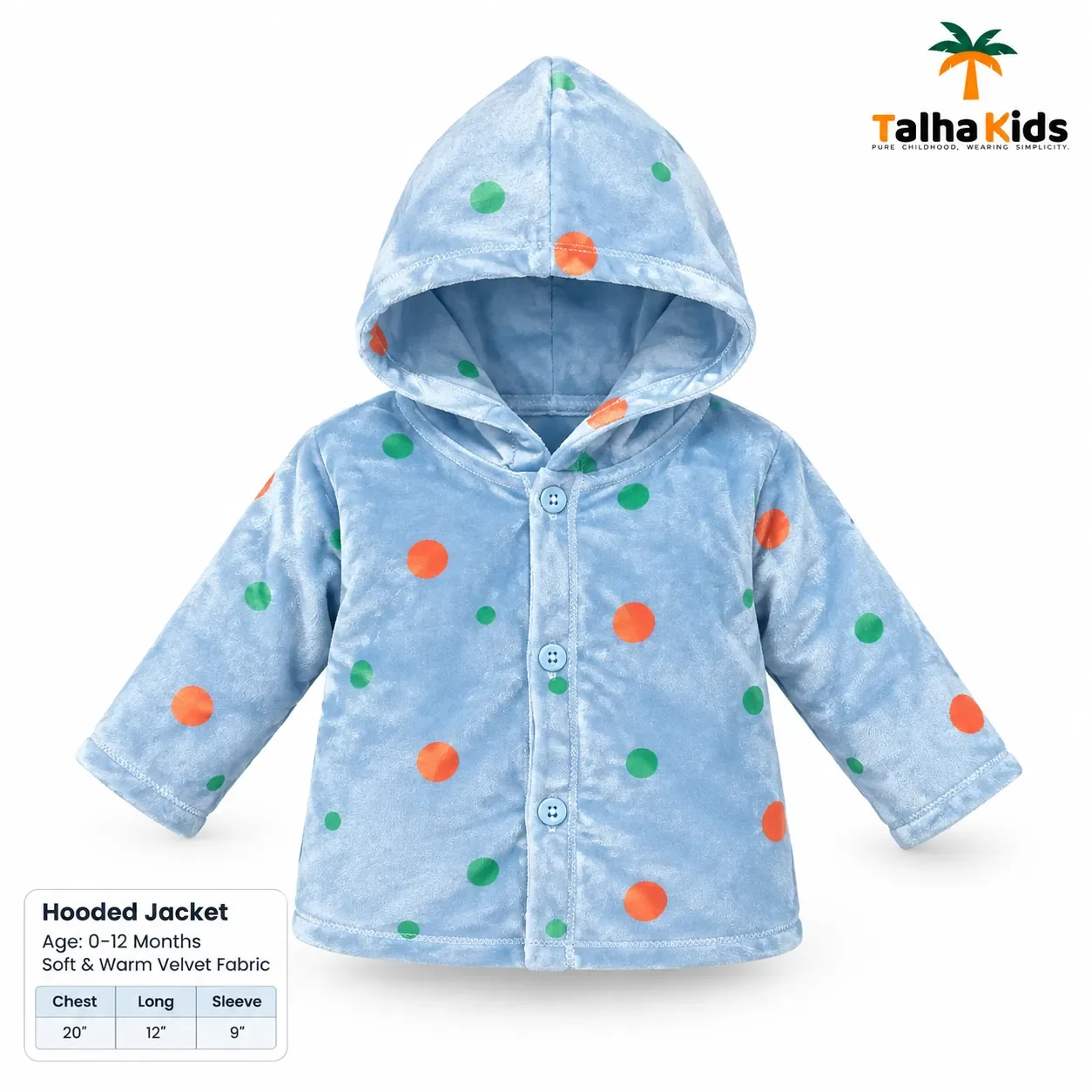 Talha Kids Baby Hooded Velvet Jacket – Polka Dot Print – 0–12 Months