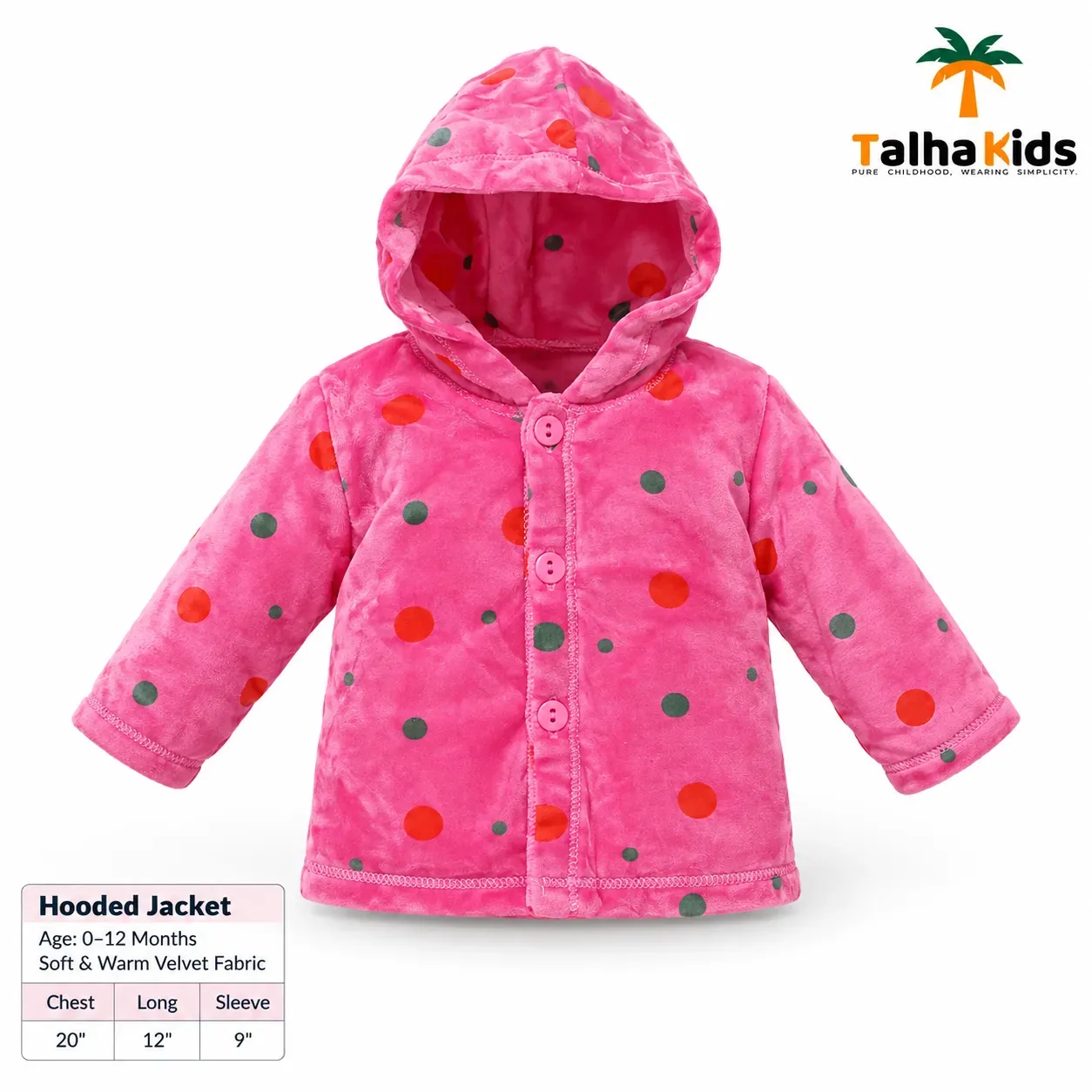Talha Kids Baby Hooded Velvet Jacket – Polka Dot Print – 0–12 Months
