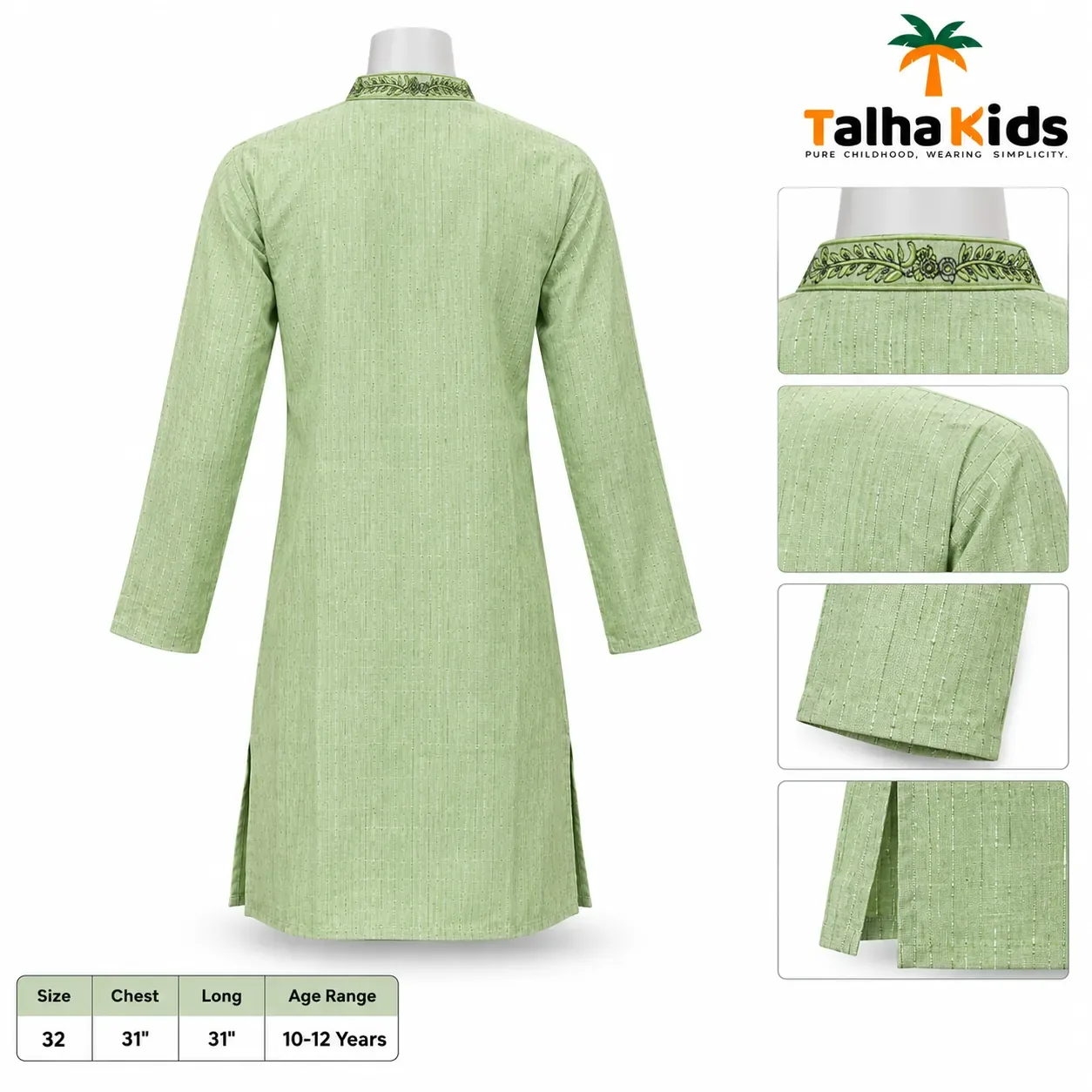 Talha Kids Boys' Panjabi – Light Sage Green Embroidered Front