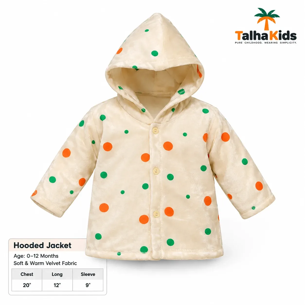 Talha Kids Baby Hooded Velvet Jacket – Polka Dot Print – 0–12 Months