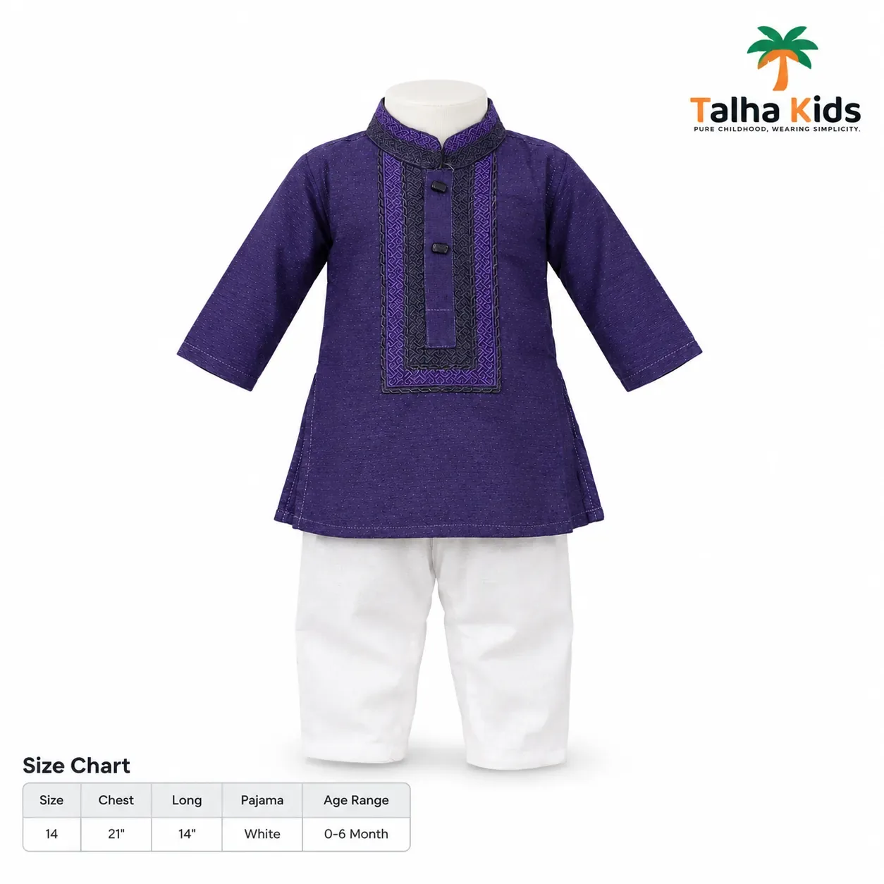 Talha Kids Baby Boys' Panjabi & Pajama Set – Purple Panjabi with Embroidered-Style Front Detail