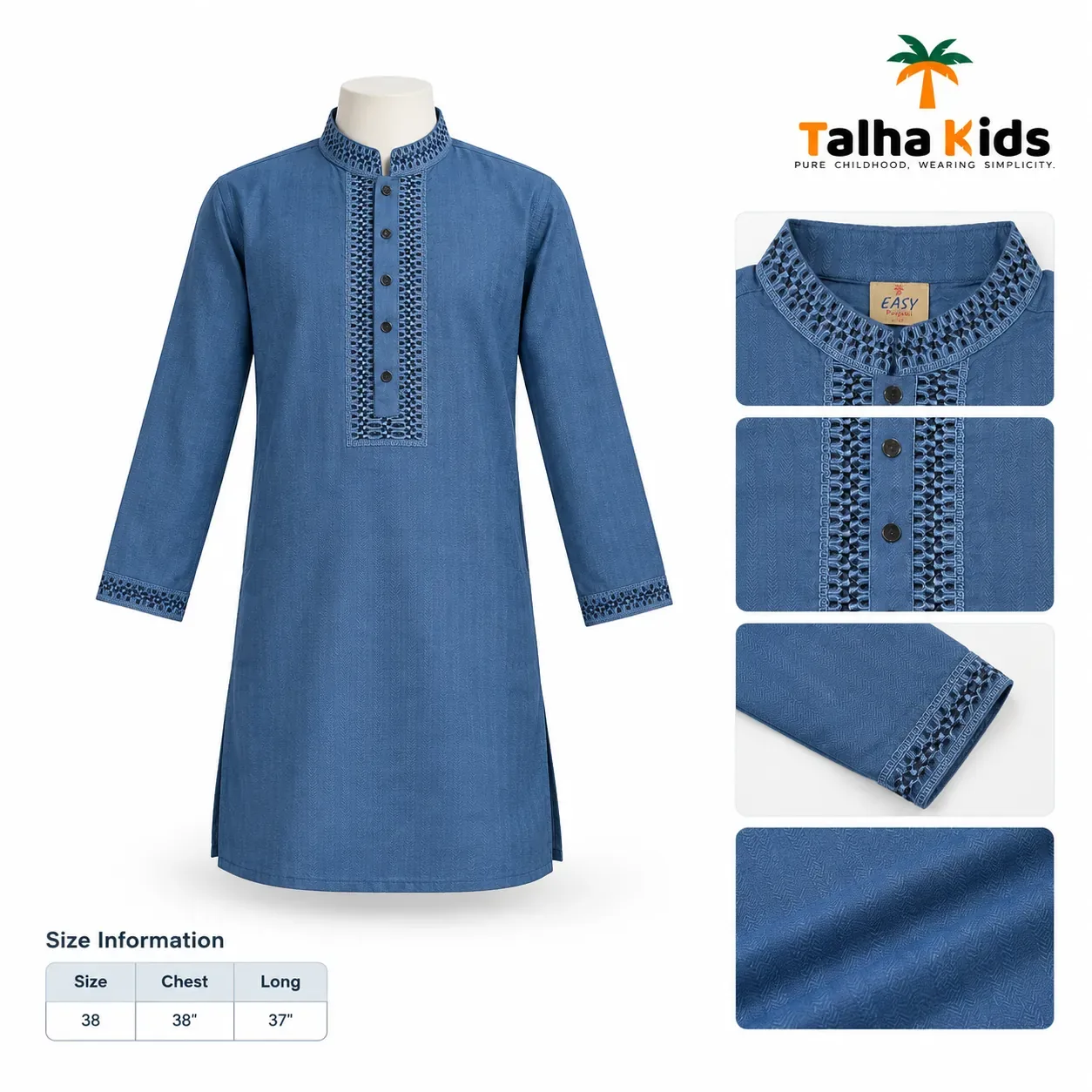 Talha Kids Panjabi – Blue with Decorative Collar & Placket Detail