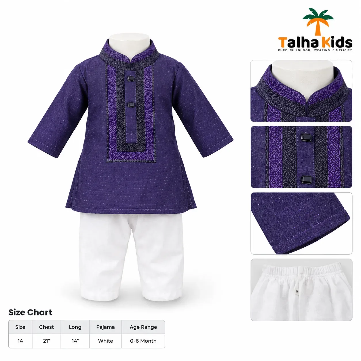 Talha Kids Baby Boys' Panjabi & Pajama Set – Purple Panjabi with Embroidered-Style Front Detail