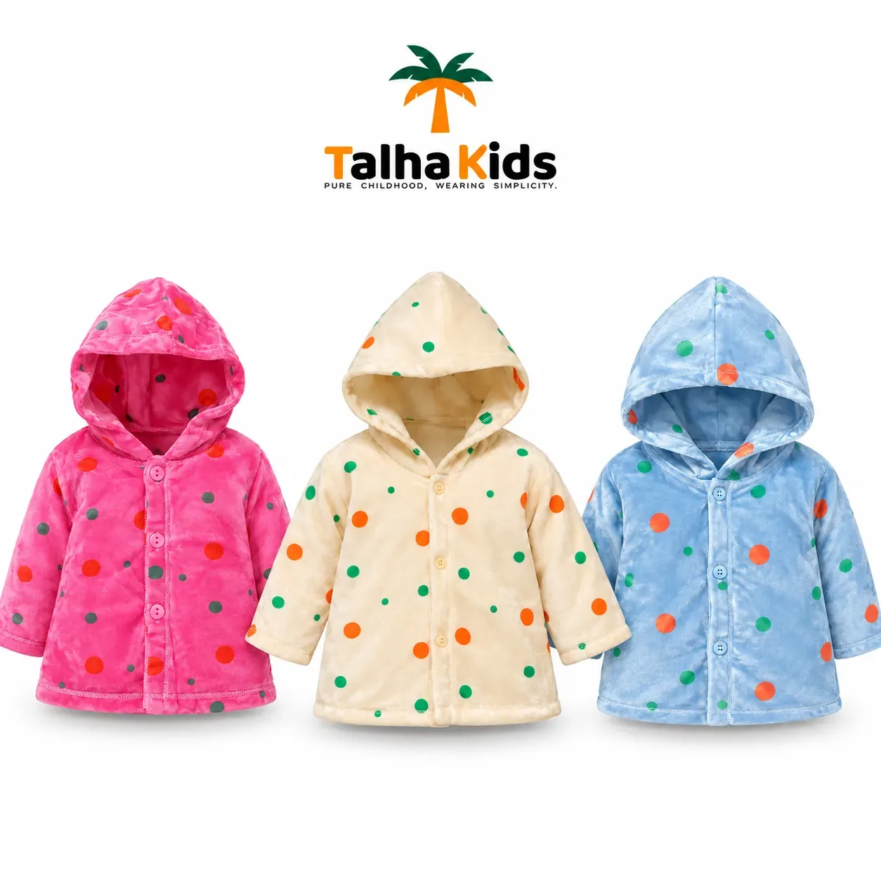 Talha Kids Baby Hooded Velvet Jacket – Polka Dot Print – 0–12 Months
