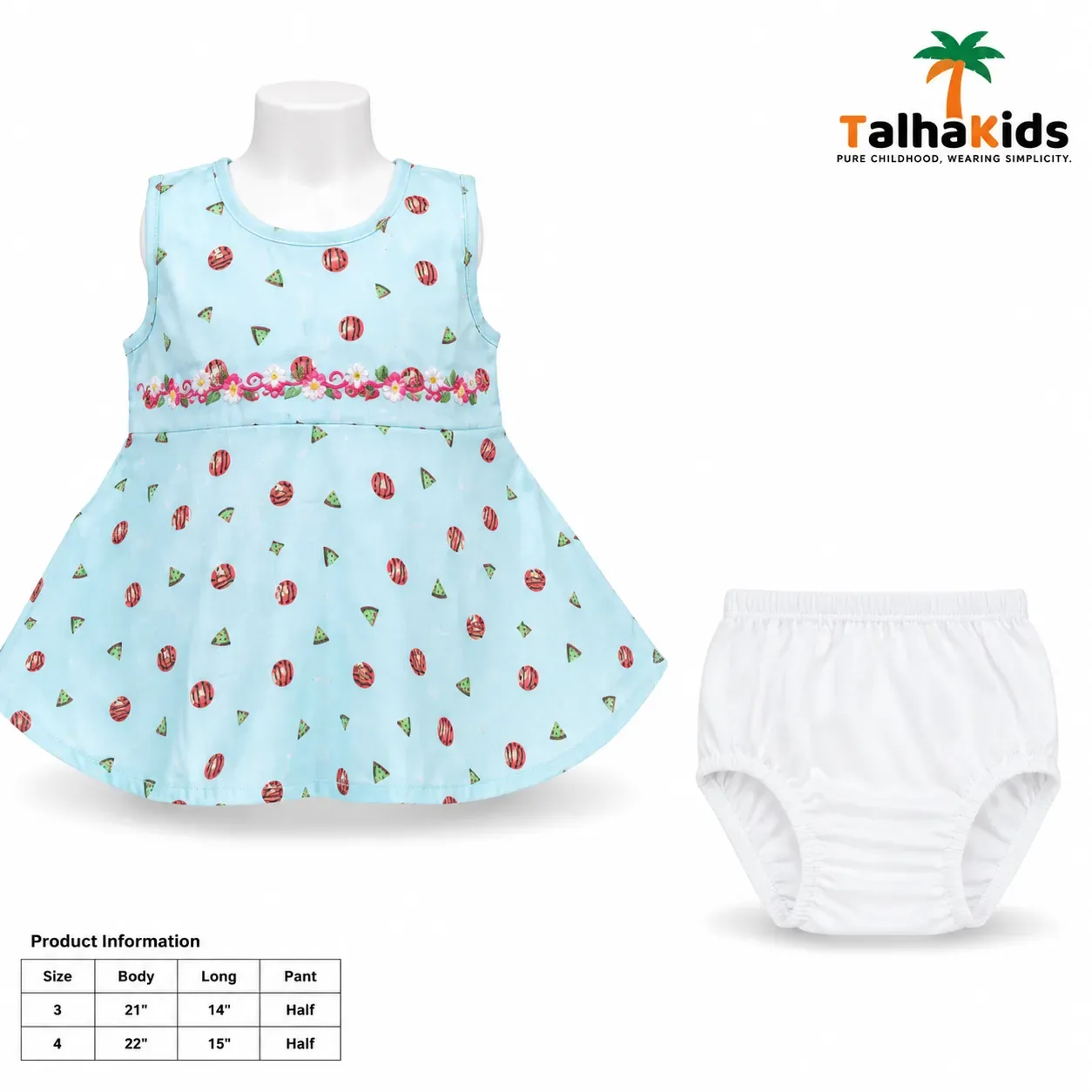 Girls Sleeveless Watermelon Print Frock with Matching White Bloomer