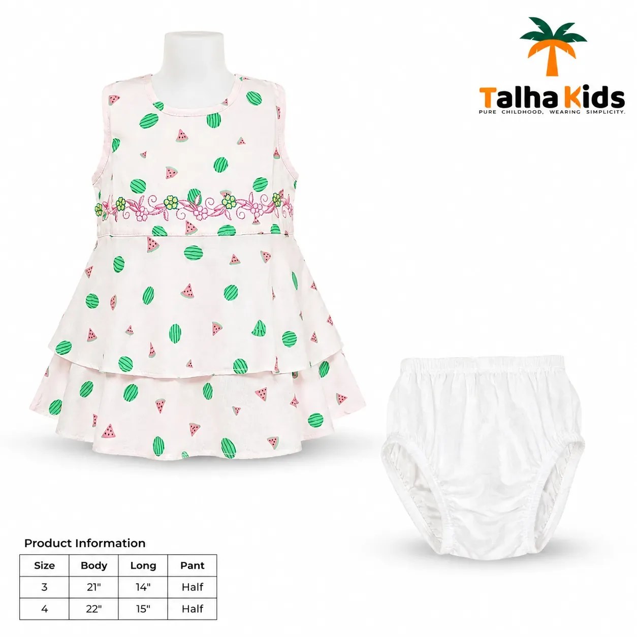 Girls Sleeveless Watermelon Print Frock with Matching White Bloomer