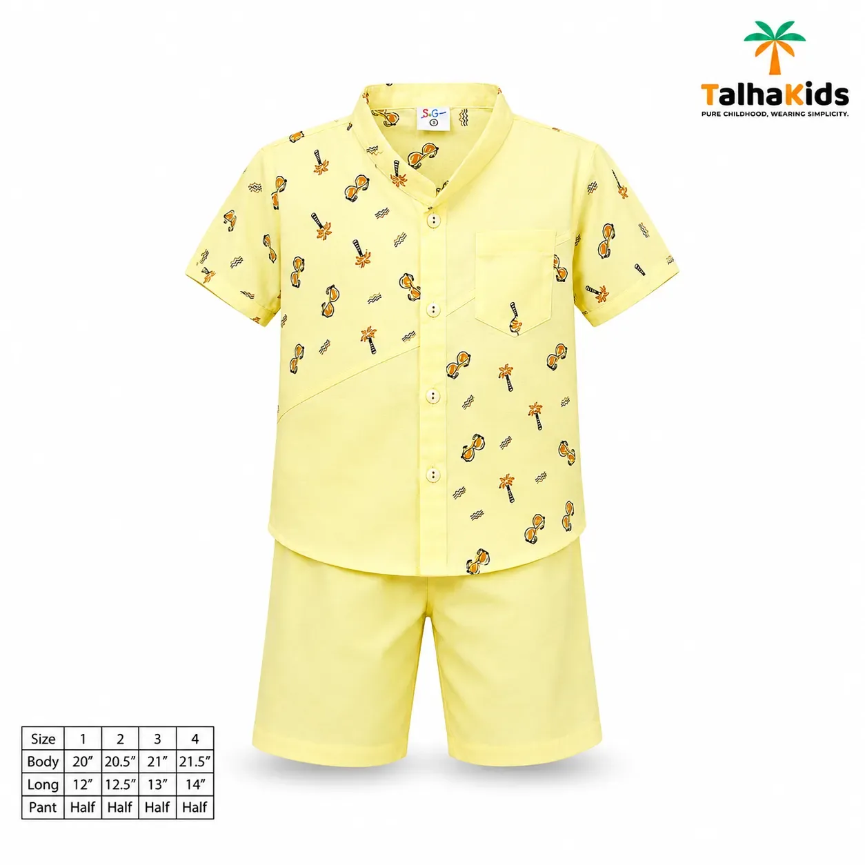 Boys’ Half-Sleeve Fotua Set – Printed Fotua with White Half Pant