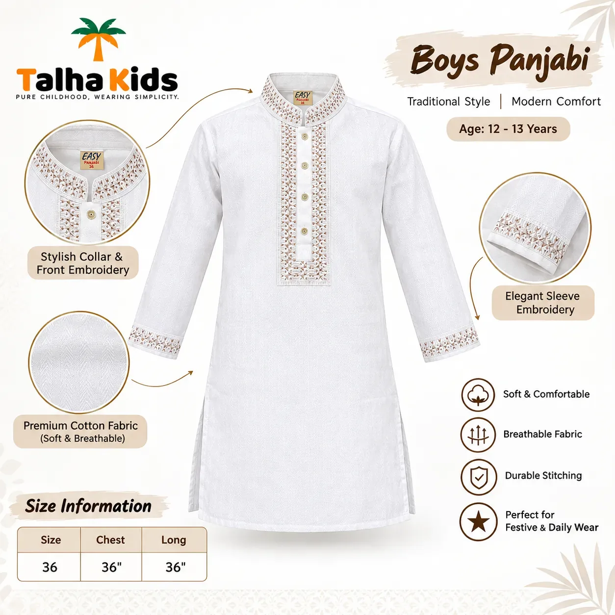 Talha Kids Boys' White Panjabi – Embroidered Collar, Front & Sleeve Details