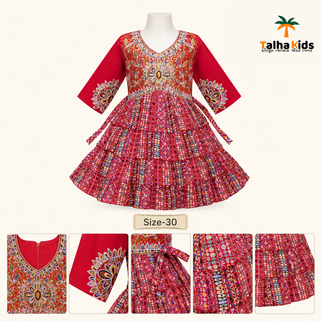 Talha Kids Girls Red Ethnic Printed Flared Frock with Waist Belt – Size 30