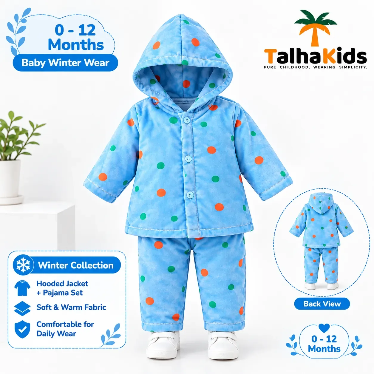 Talha Kids Baby Hooded Velvet Jacket – Polka Dot Print – 0–12 Months