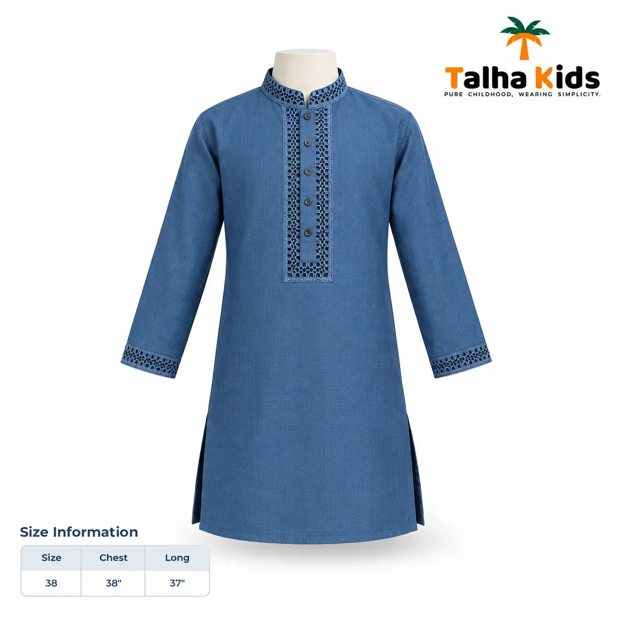 Talha Kids Panjabi – Blue with Decorative Collar & Placket Detail