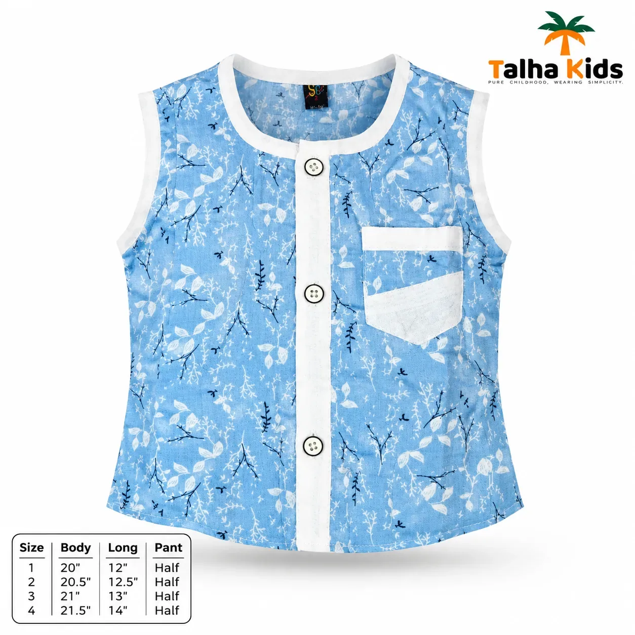Boys’ Sky Blue Printed Fotua Set with Half Pant