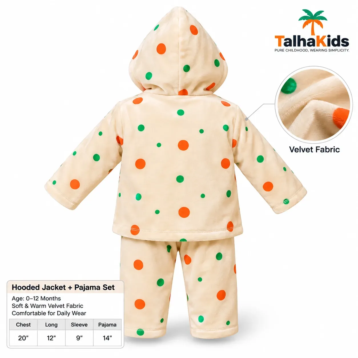 Talha Kids Baby Hooded Velvet Jacket – Polka Dot Print – 0–12 Months