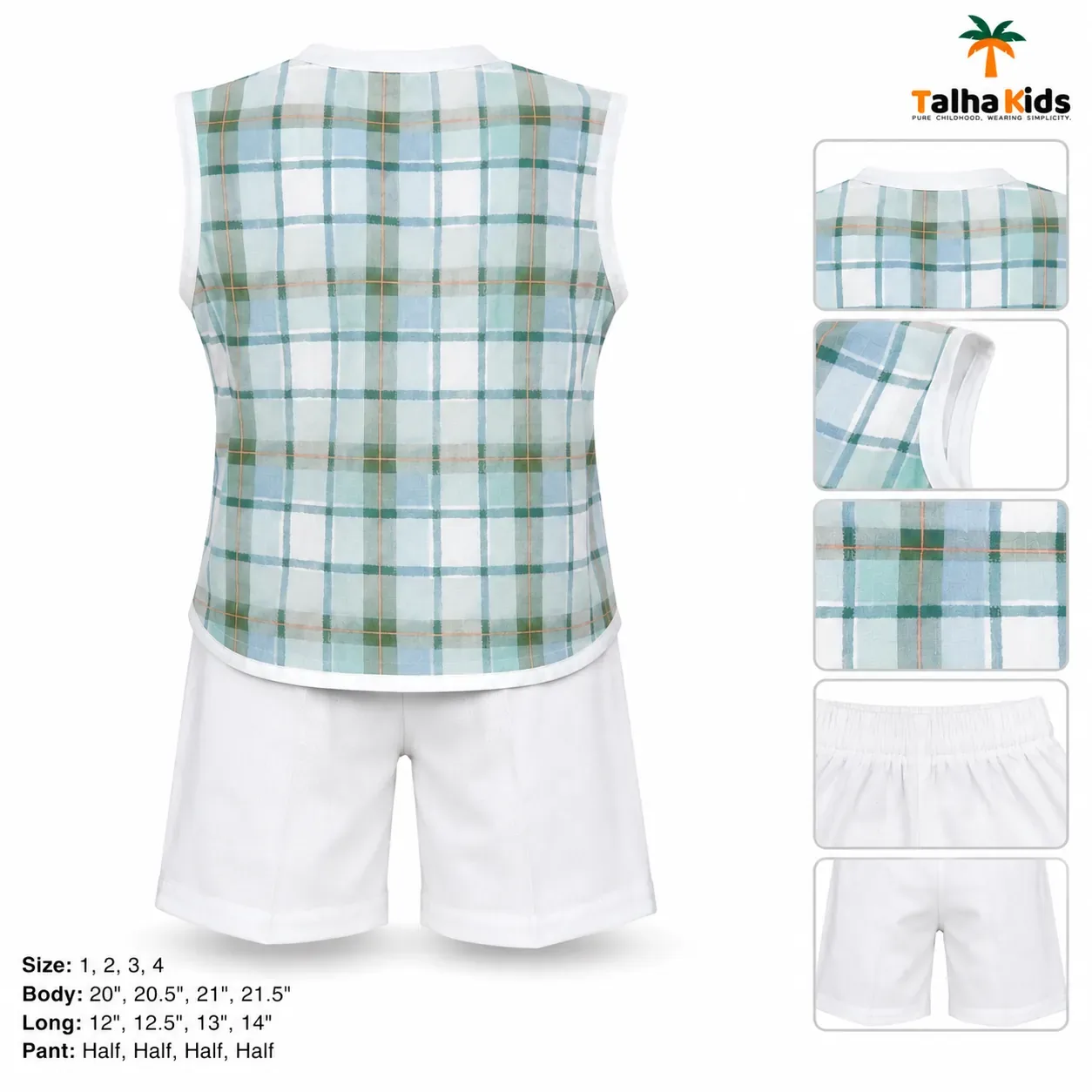 Boys’ Mint Green & Sky Blue Plaid Sleeveless Fotua Set with White Half Pant