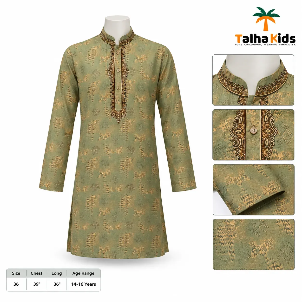 Talha Kids Boys' Panjabi – Embroidered Collar & Front Placket – Olive Green – 14–16 Years