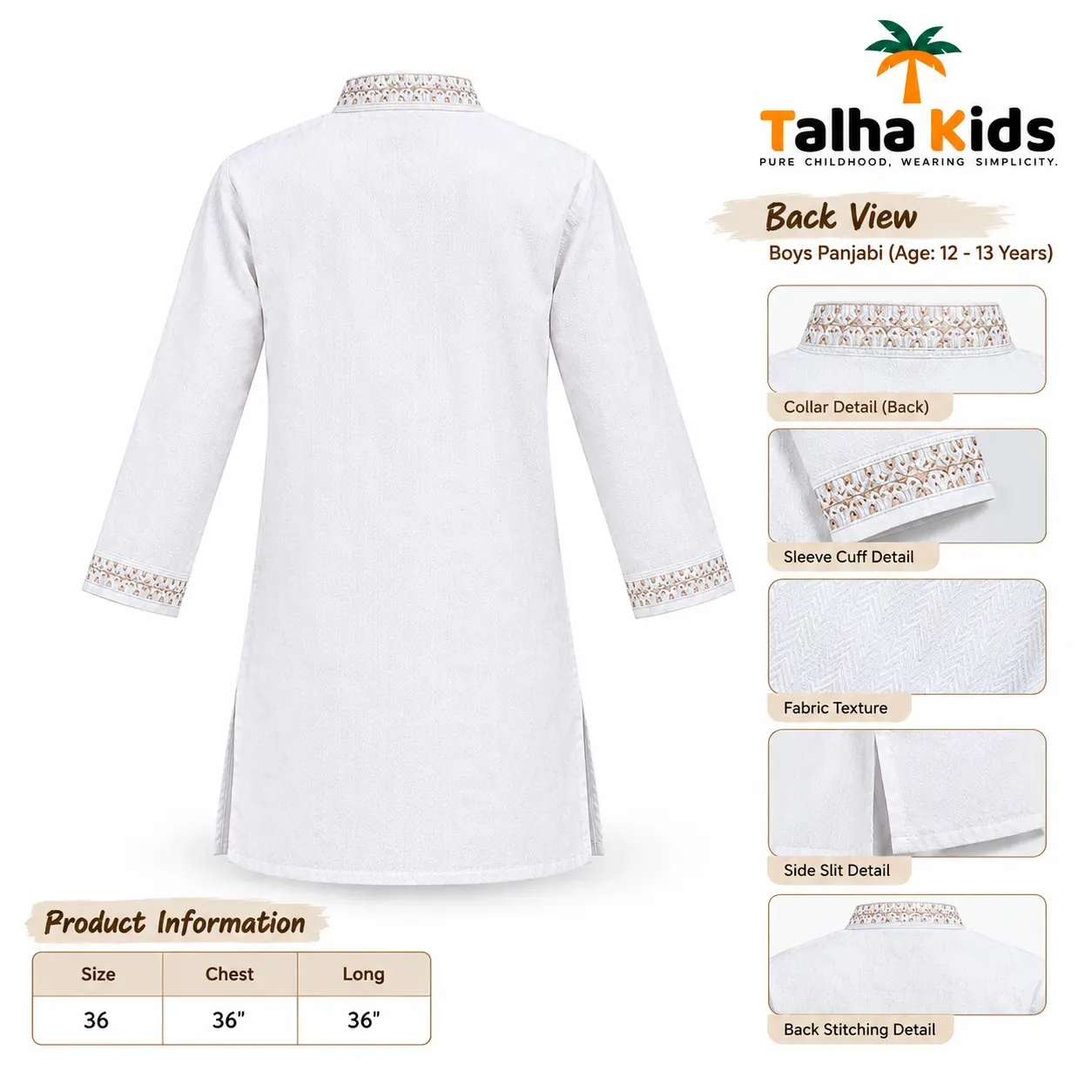 Talha Kids Boys' White Panjabi – Embroidered Collar, Front & Sleeve Details